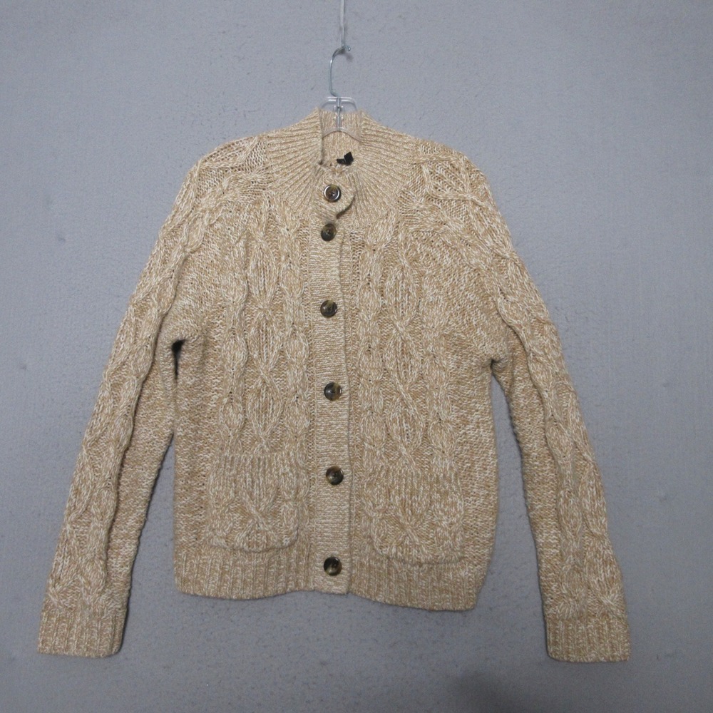 Talbots Cardigan L Tan Cable Knit Fisherman Chunky Coastal Neutral Layer Classic